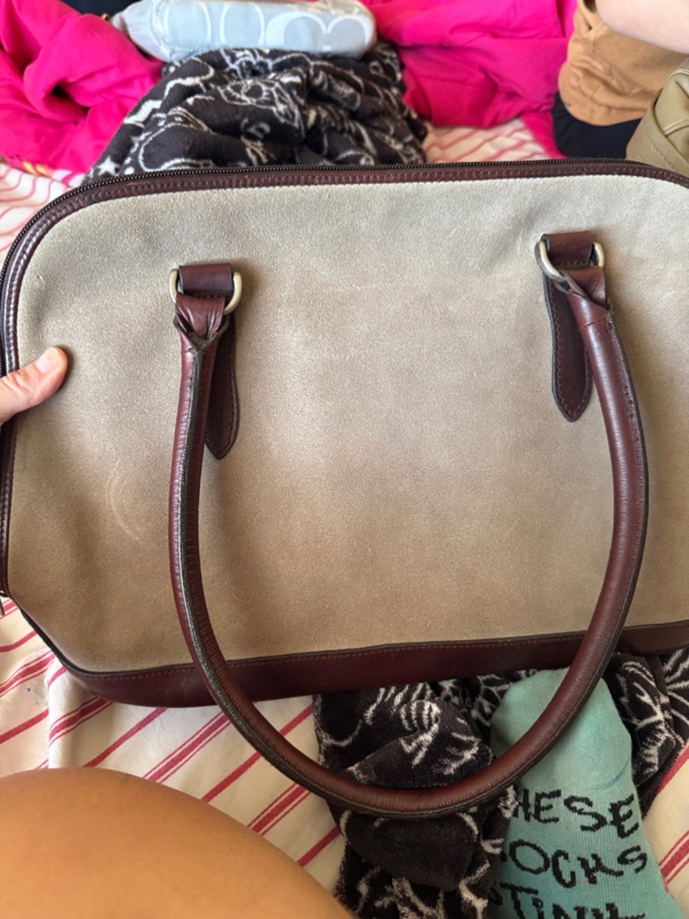 Norm Thompson Taupe and Brown Suede Tote